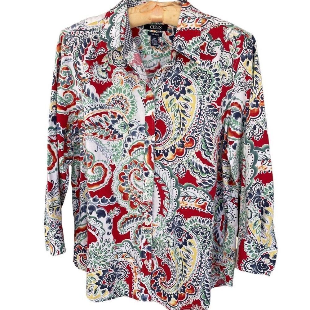 Chaps size L floral 100% cotton button front blue .